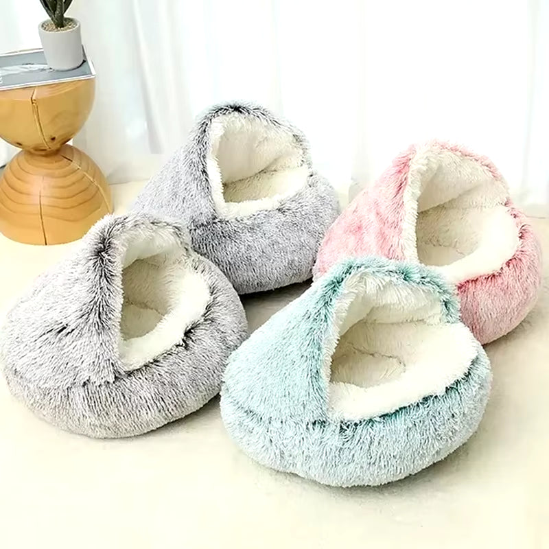Dual-Function Winter Plush Pet Bed with Cover - Round Cat and Dog Mattress for Small Pets
