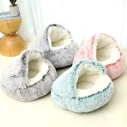 Dual-Function Winter Plush Pet Bed with Cover - Round Cat and Dog Mattress for Small Pets