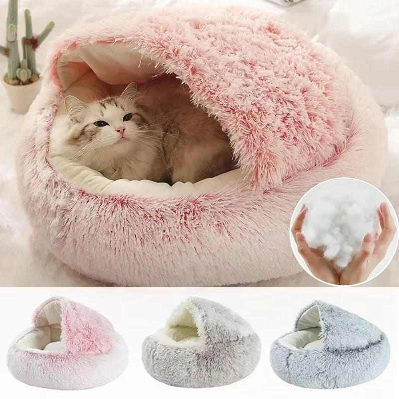 Dual-Function Winter Plush Pet Bed with Cover - Round Cat and Dog Mattress for Small Pets