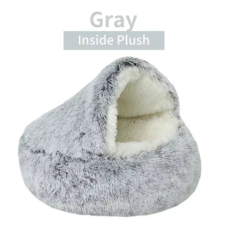 Dual-Function Winter Plush Pet Bed with Cover - Round Cat and Dog Mattress for Small Pets
