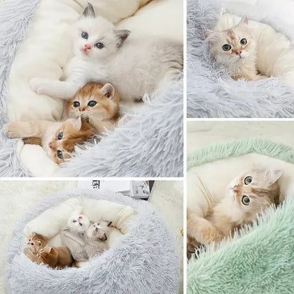 Dual-Function Winter Plush Pet Bed with Cover - Round Cat and Dog Mattress for Small Pets