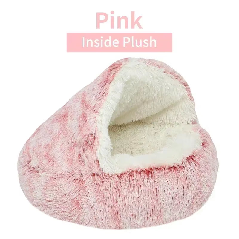 Dual-Function Winter Plush Pet Bed with Cover - Round Cat and Dog Mattress for Small Pets