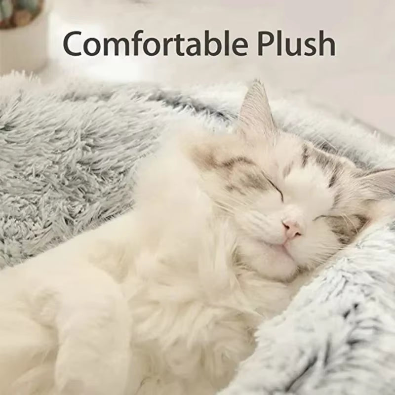 Dual-Function Winter Plush Pet Bed with Cover - Round Cat and Dog Mattress for Small Pets