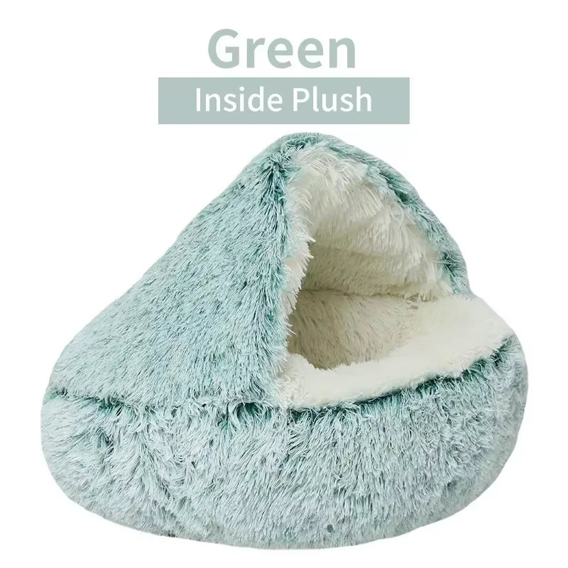 Dual-Function Winter Plush Pet Bed with Cover - Round Cat and Dog Mattress for Small Pets
