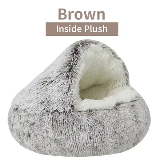 Dual-Function Winter Plush Pet Bed with Cover - Round Cat and Dog Mattress for Small Pets